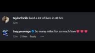 Screenshot of Yesavage's comment on Frick's Instagram post (Images from - Instagram.com/@taylorfrickk)